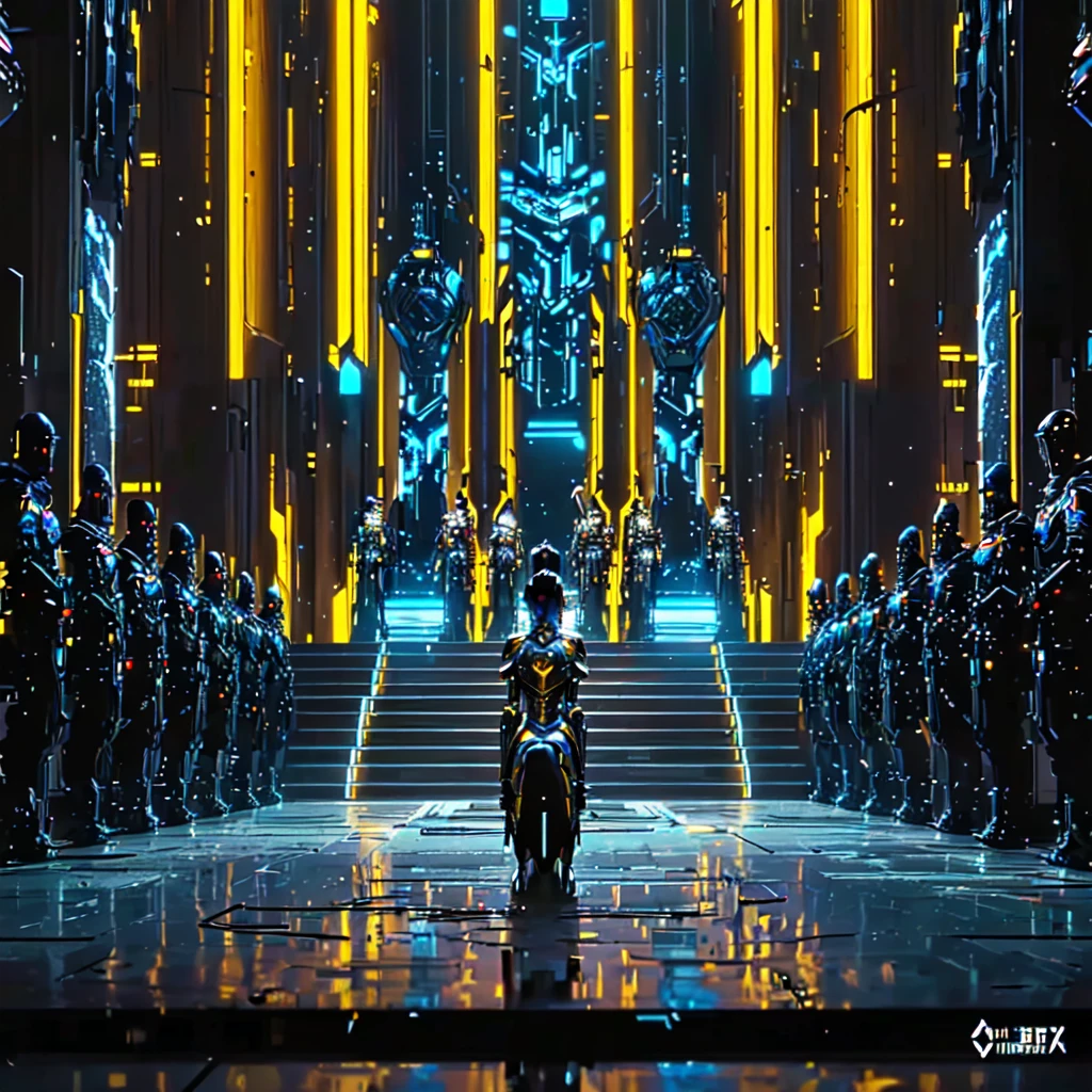 there is a kneeling woman standing in a corridor with many statues, she has a modern and futuristic armor suit, in a futuristic arena, in a futuristic cyberpunk city, cinematic science fiction film still, in front of her there are [[[3 large thrones of iron]]], each throne is occupied by a person, futuristic cyberpunk setting, portrayed as a science fiction scene, dramatic lighting science fiction, cyberpunk temple, in a futuristic spaceship, surreal science fiction set design, huge temple city futuristic, cinematic sci-fi shot, in a cyberpunk setting