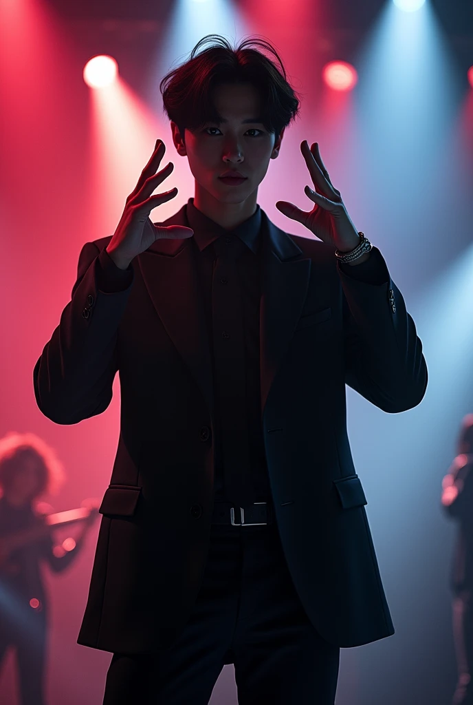 Jungkook in a black suit where his silhouette is marked is at a concert staring at me and sending me a kiss while making a heart with his fingers