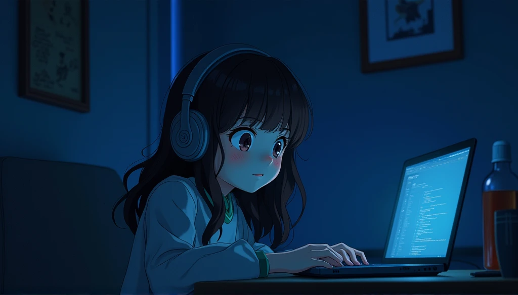 Perfect image, 8k, night、night,Girl listening to music, Using headphones, 2D-style animation, Lo-Fi, hard disk, Dark Environment,,Ghibli style