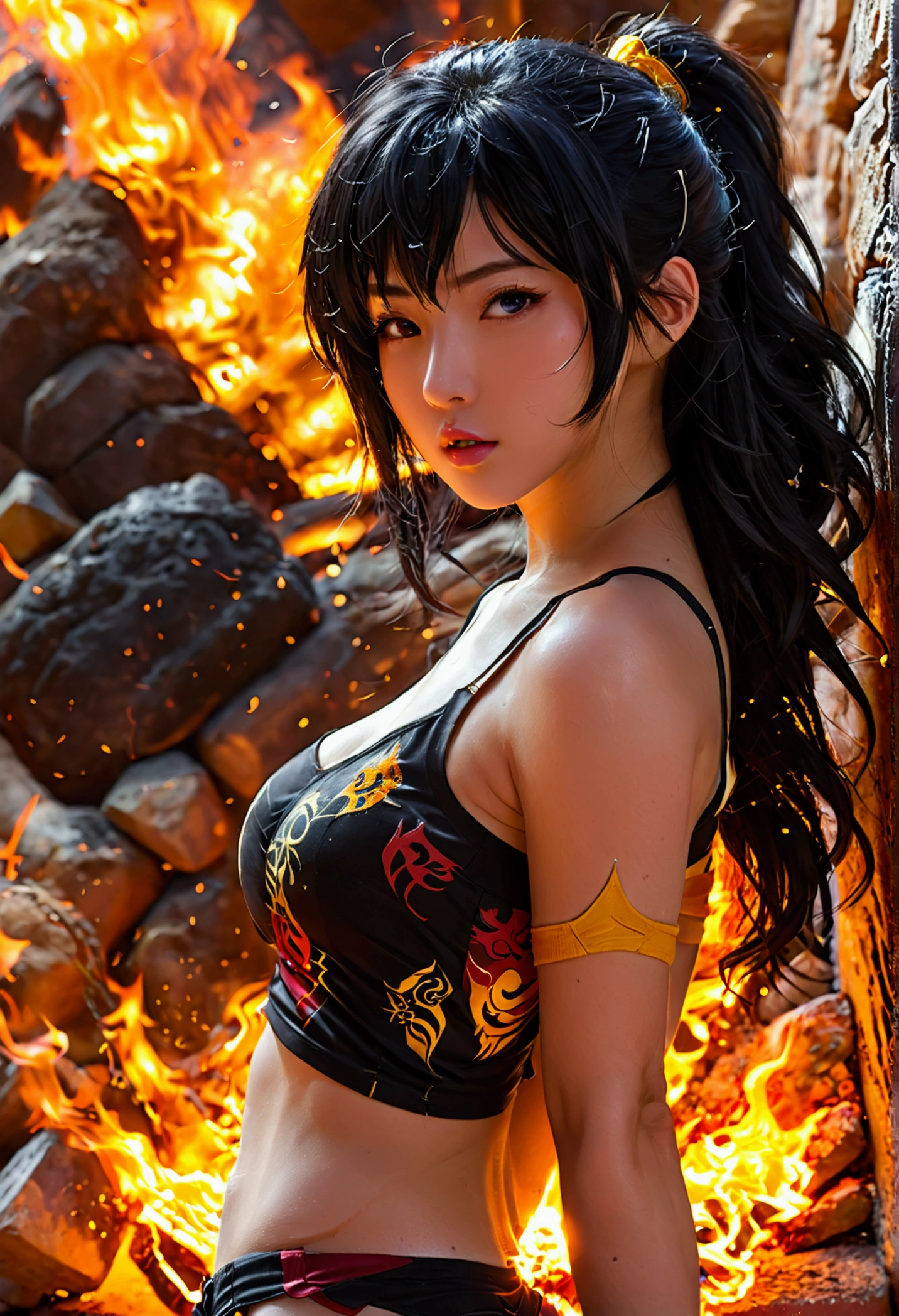 Yang Xioa Long of 'RWBY', aroused face, mystic fire all around, skin tight shorts, booty cheek shorts, 3/4 looking back pose, ass cheek peaks out from shorts