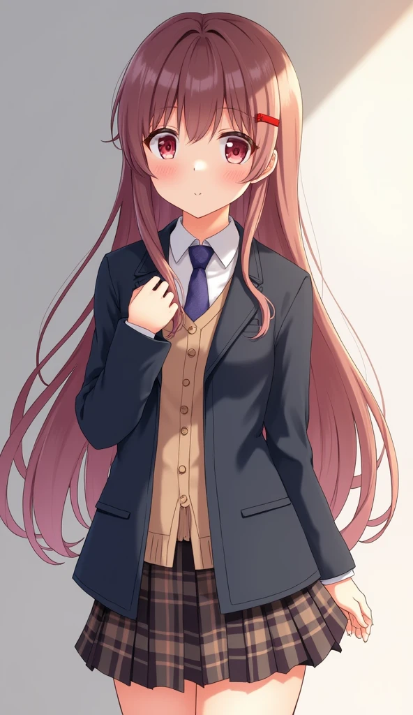 one girl, anime style, jacket, necktie, plaid skirt, beautiful, naive, my neighborhood friend, beautiful, stare at me