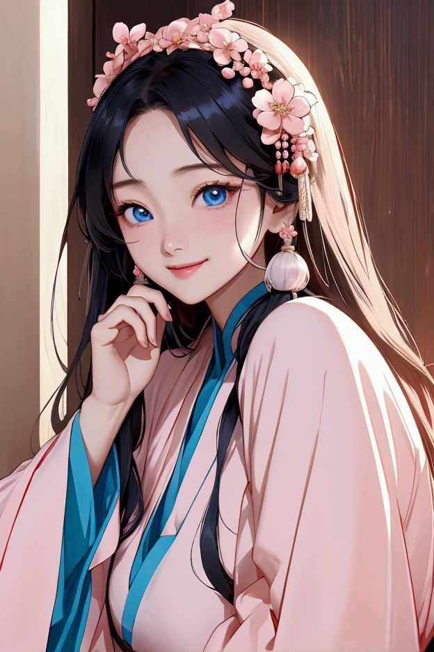 (Highest quality、 8k 、masterpiece、High resolution)、(Chinese Drama、Changgexing、Li Changge、Dililaba)、Tang Dynasty、Changan、1 Female、Beautiful young person、blue eyes、Pretty lips、(Anime Beauty)、(Anime Art)、Smiling and posing happily、Bright atmosphere、Light colored long hair、Light pink Hanfu、古いChanganの街並み、Official Art、Detailed CG、