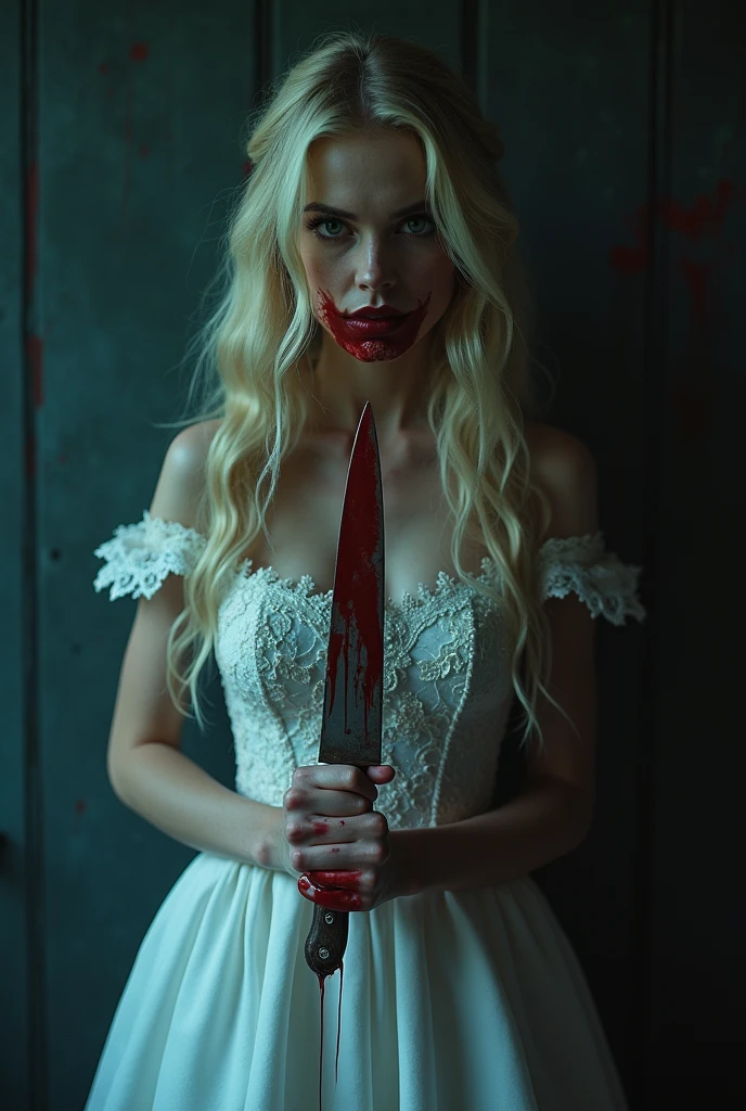 a beautiful blonde woman with plump red lips, a sinister smile, a bloodstained wedding dress, a bloodstained knife in her hand, anger, blood on her face, dark fantasy, highly detailed, cinematic lighting, dramatic, photorealistic, 8k, hyperrealistic, dramatic lighting, chiaroscuro, dramatic contrast, moody atmosphere, dark and gritty, haunting, unsettling, disturbing, psychological horror, twisted, sinister, ominous, foreboding, gothic, dramatic color palette, moody blues, haunting, cinematic composition, masterpiece