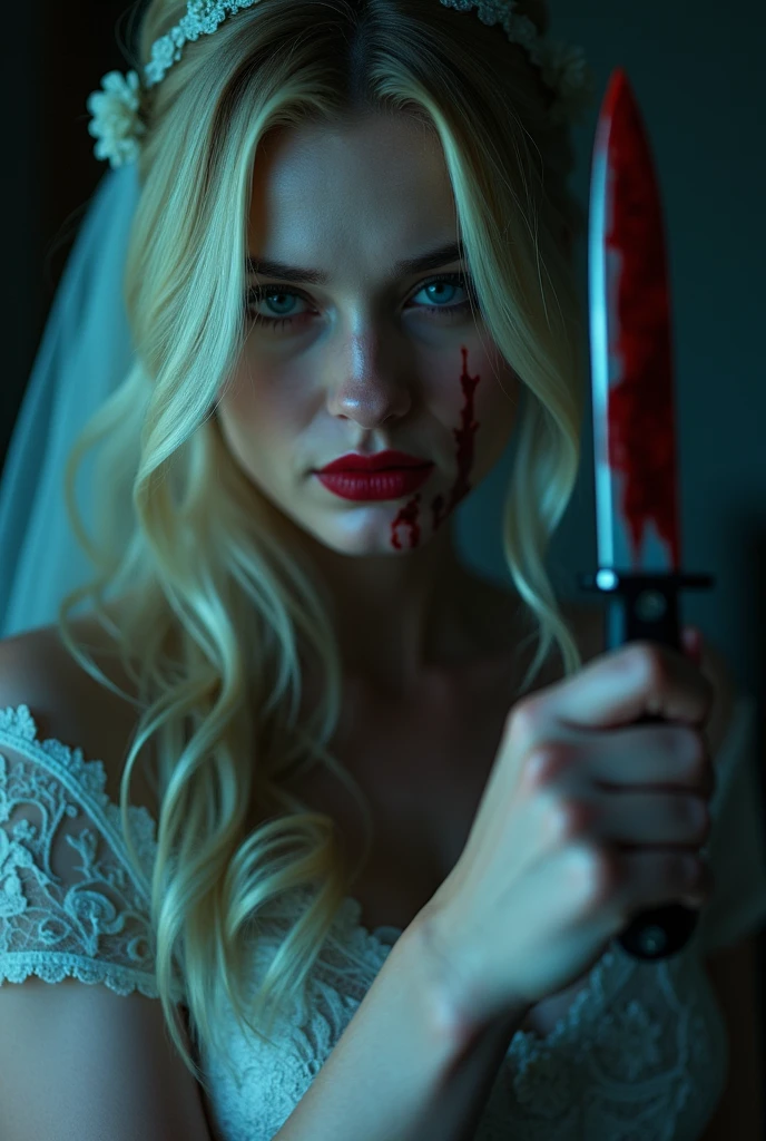 a beautiful blonde woman with plump red lips, a sinister smile, a bloodstained wedding dress, a bloodstained knife in her hand, anger, blood on her face, dark fantasy, highly detailed, cinematic lighting, dramatic, photorealistic, 8k, hyperrealistic, dramatic lighting, chiaroscuro, dramatic contrast, moody atmosphere, dark and gritty, haunting, unsettling, disturbing, psychological horror, twisted, sinister, ominous, foreboding, gothic, dramatic color palette, moody blues, haunting, cinematic composition, masterpiece
