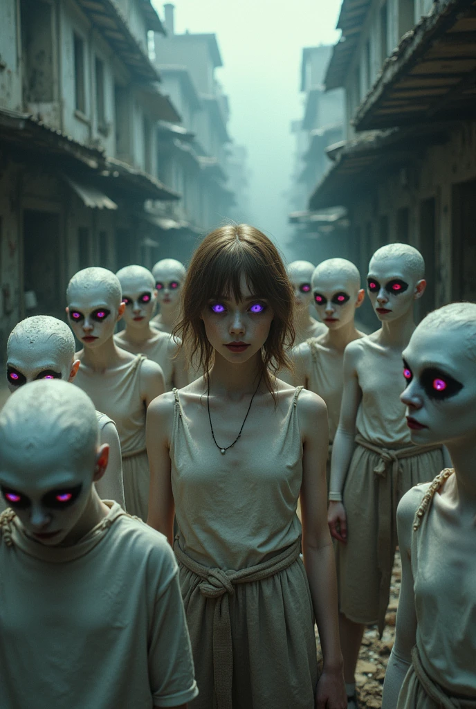 A totally dirty place, with albino people with some with purple eyes and others with red eyes, and just a woman with light brown hair and purple eyes