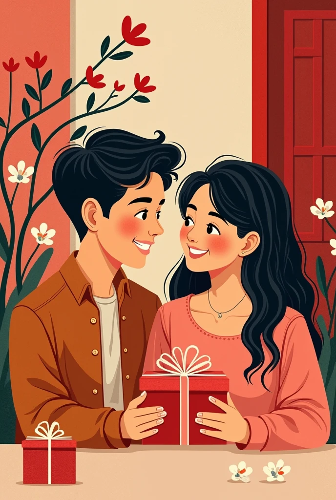Illustration by Henri Matisse: young couple giving gifts to each other, gift box on the table next to them, smiling faces, flat illustration, high end, chinese valentine's day, love atmosphere, lots of beautiful flowers in the background, interior, portrait with smiling faces, a red door in the background, indoor, flat illustration, high end, cozy, happy, sweet, high detail