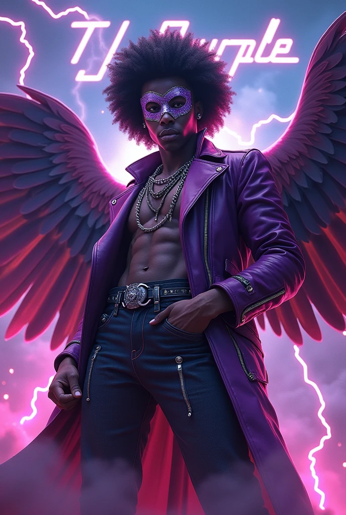 Afro male in rockstar outfit music mask on with huge wings looking at the word TJ Purple written in the sky while lightning strikes