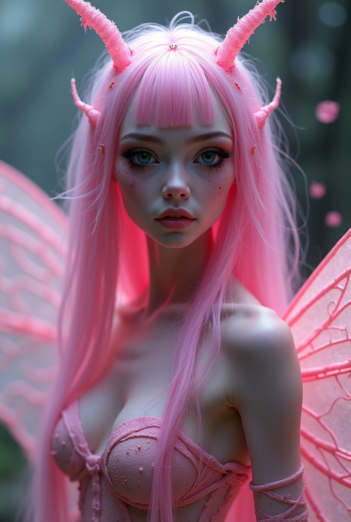 Beautiful alien idol, pink skin, black insect eyes, pink hair, moth-like appearance 