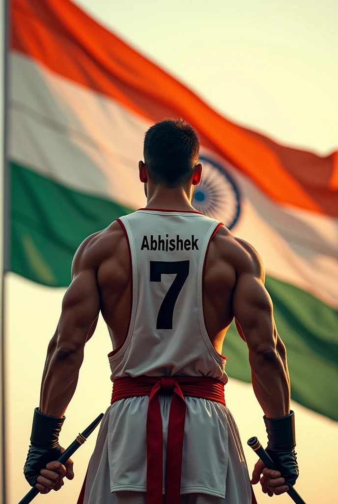 A huge tricolor flag of India is waving. In front of it, karate fighter man is standing facing the flag and on his top garment 'Abhishek' is written and below 'Abhishek' 7 is written. His back is visible, his Don't forget to write your name fag is completely visible and he had hold in his left  hand knife nunchaku 