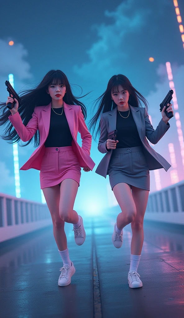 Two girls long black hairs, yuri,(The first girl wear a pink suit, black shirt, pink pencil skirt, white socks, white sneakers) and (The second girl wore a grey suit, black shirt, grey pencil skirt, white socks, white sneakers), holding a handguns, running on the long foggy bridge, fantastic night sky, novel cartoon, 4K, HD