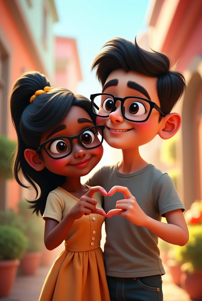 A Pixar-like couple, that the girl has black square glasses, be dark-skinned, have full lips and a mole on the left cheek, slanted eyes cabello negro con mechones rubios, and the boy is white, profiled nose, short hair, slanted eyes, Thin and pink lips, bushy eyebrows, drawing a heart with his hands
