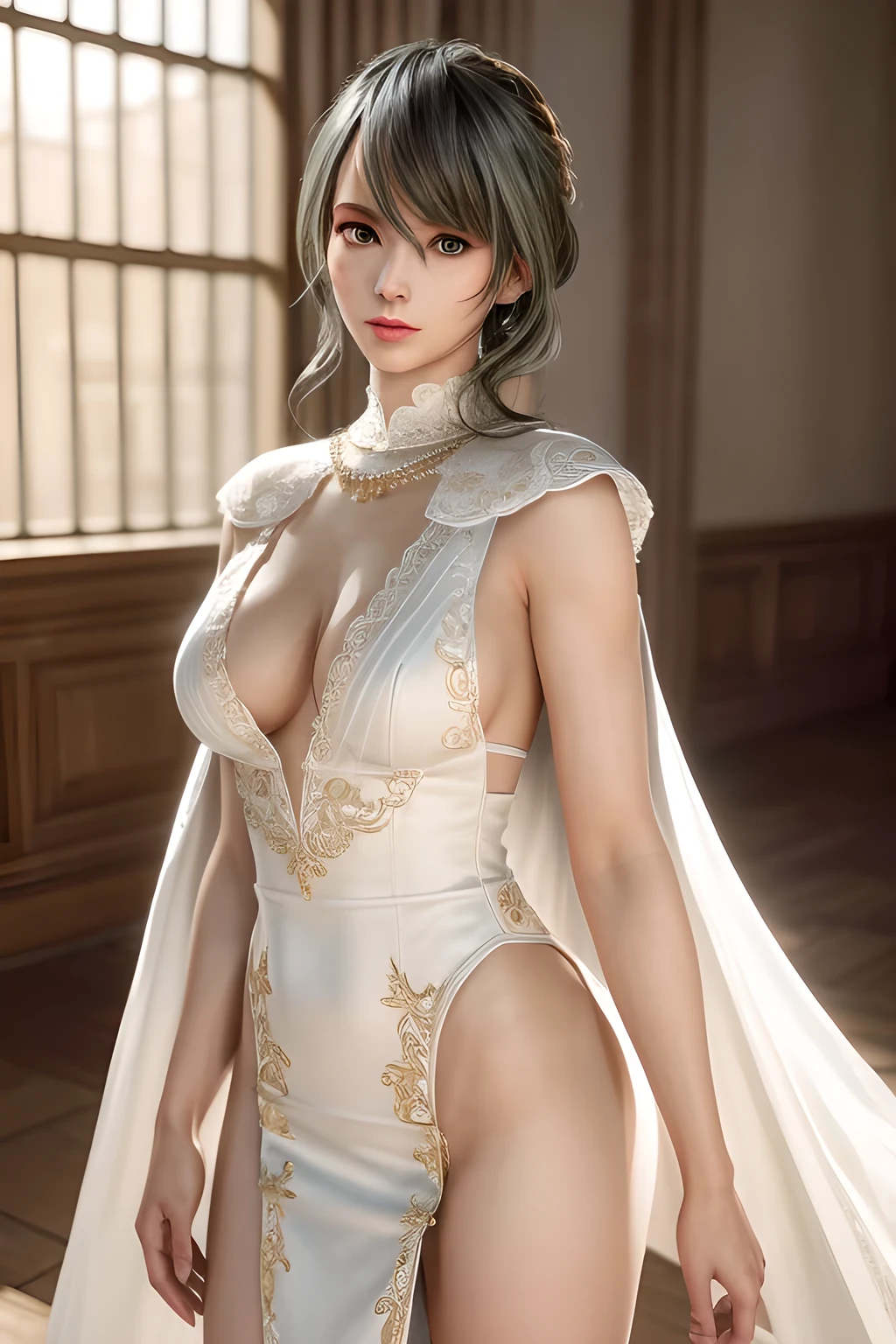 A lady with extraordinary temperament, she stands in a modern indoor space, as if she is a model from a fashion magazine. She is wearing a (pure white long fur cape), the softness and luster of which makes her look more noble under the light, and complements her (beige dress) underneath, showing her gentle temperament while maintaining a sense of fashion. The style of the dress is simple and generous, a perfect match, and it lengthens her figure, making her tall and charming. The lady's makeup is delicate and elegant, which just highlights her facial features and makes people unforgettable at first sight. Although the earrings and necklace she wears are not ostentatious, they add a bit of sophistication and nobility to her overall look. Her hair is casually draped over her shoulders, and every strand of hair exudes a natural luster,, (best quality,8k,highres,masterpiece:1.2),ultra-detailed,(realistic,photorealistic,photo-realistic:1.37),studio lighting,ultra-fine painting,sharp focus,physically-based rendering,extreme detail description,professional,vivid colors