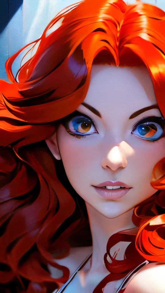 a close up of a woman with red hair and a bra top, a portrait by Joe Bowler, reddit, digital art, amouranth, better known as amouranth, amouranth as a super villain, young beautiful amouranth, ginger wavy hair, long wavy orange hair, orange glowing hair, orange skin and long fiery hair, flowing ginger hair