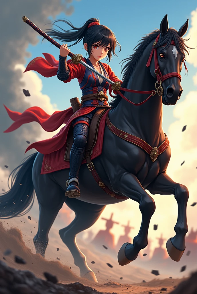 an anime style girl, riding a horse, holding a katana in war