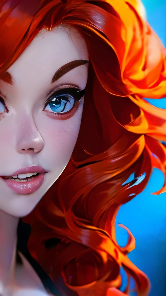 a close up of a woman with red hair and a bra top, a portrait by Joe Bowler, reddit, digital art, amouranth, better known as amouranth, amouranth as a super villain, young beautiful amouranth, ginger wavy hair, long wavy orange hair, orange glowing hair, orange skin and long fiery hair, flowing ginger hair