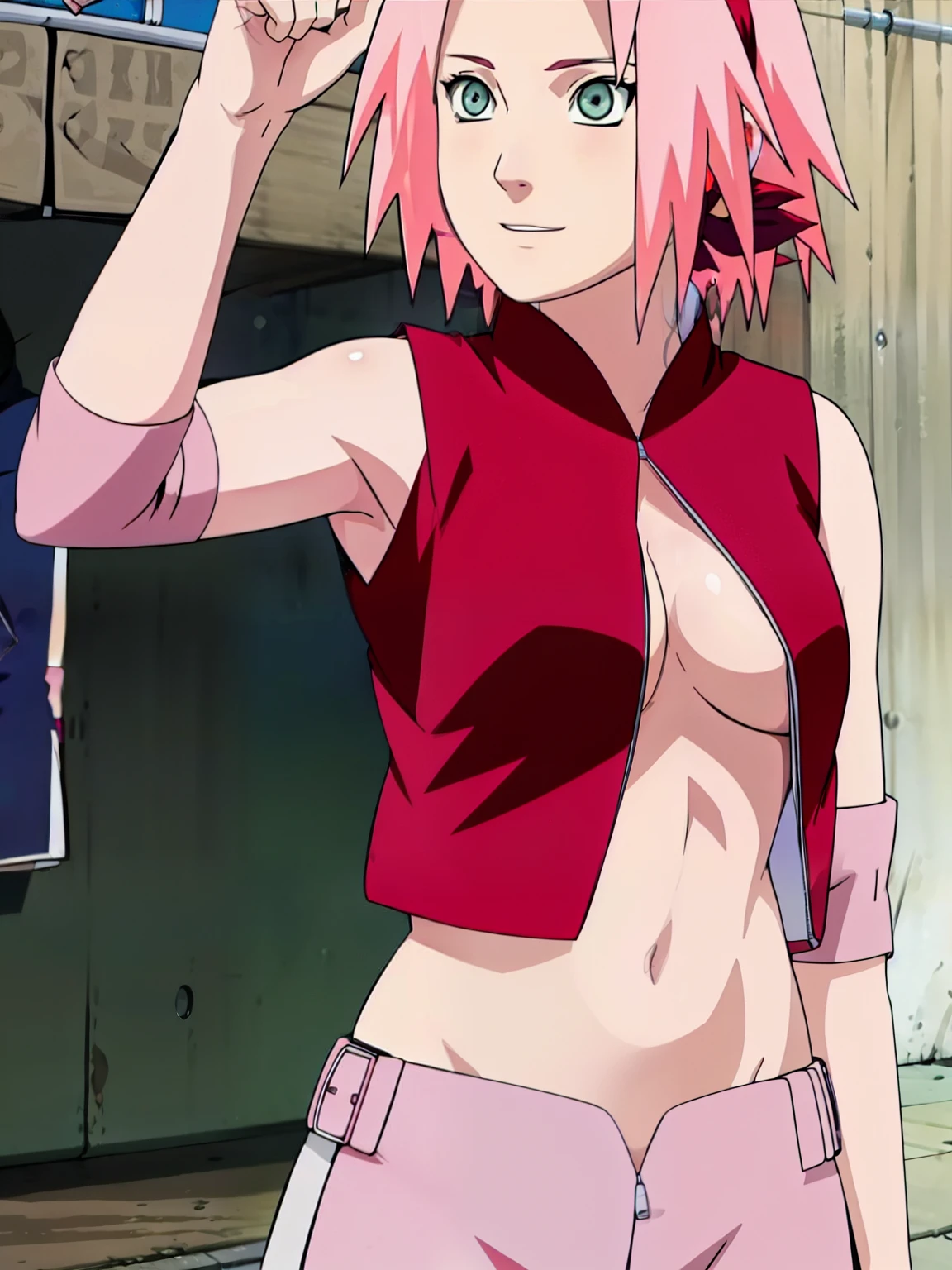 Sakura Haruno showing visible armpit open blouse open zipper ripped blouse open shirt ripped shirt showing chest visible breasts and sexy belly visible