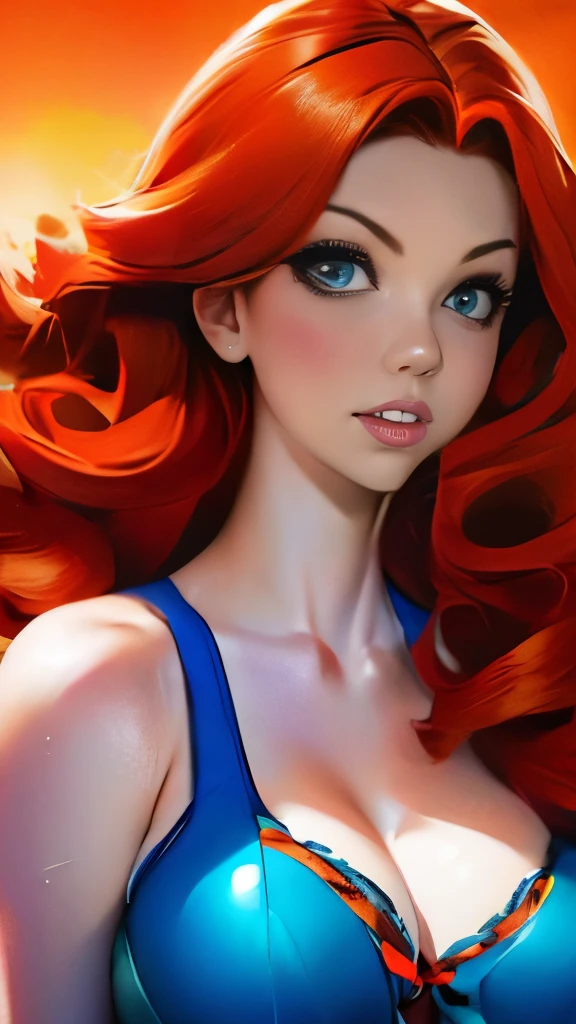 a close up of a woman with red hair and a bra top, a portrait by Joe Bowler, reddit, digital art, amouranth, better known as amouranth, amouranth as a super villain, young beautiful amouranth, ginger wavy hair, long wavy orange hair, orange glowing hair, orange skin and long fiery hair, flowing ginger hair