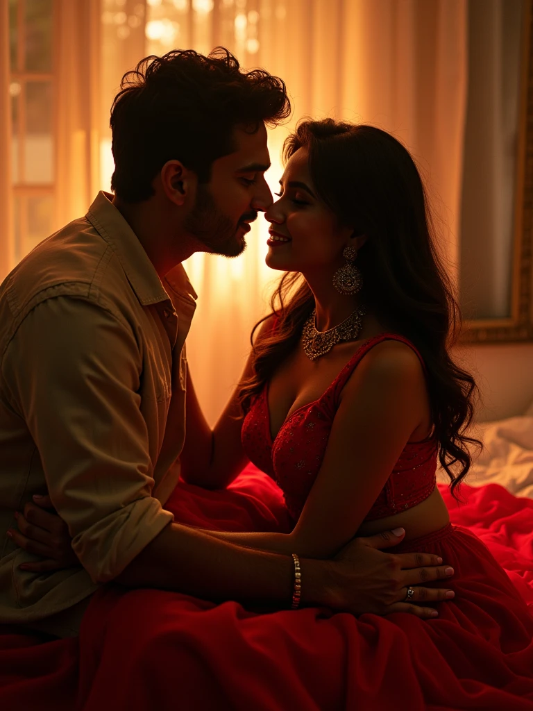 There is a 20-year-old Indian girl she is red wearing a lehenga and is sitting on her boyfriend's lap and is absolutely passionate