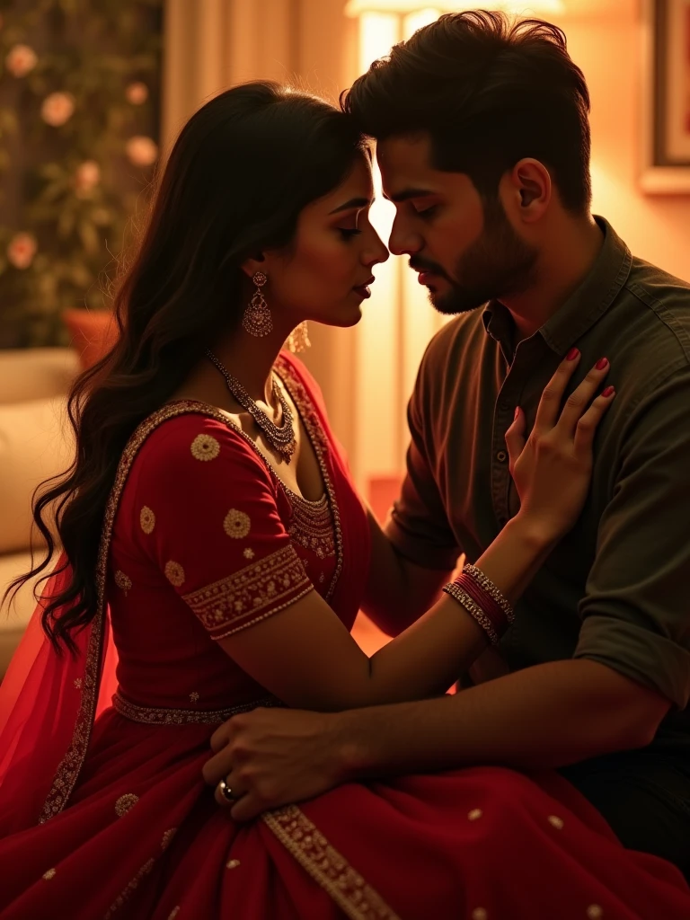 There is a 20-year-old Indian girl she is red wearing a lehenga and is sitting on her boyfriend's lap and is absolutely passionate
