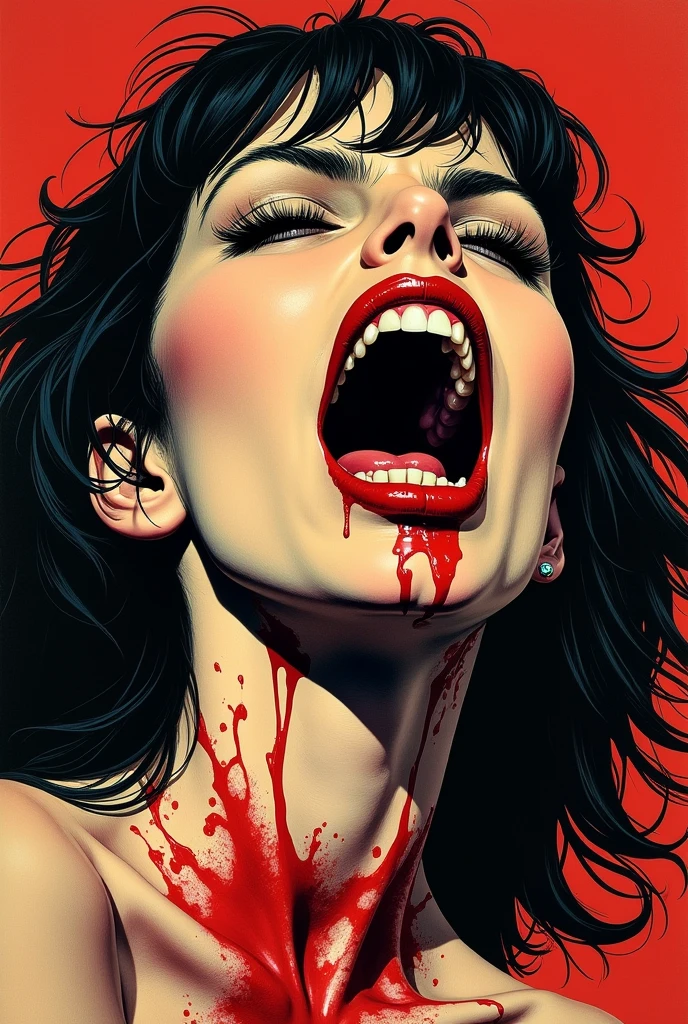 hungry vampire girl, bloody teeth and lips, Warren Publishing style, vintage horror comics aesthetic, vivid lurid colors, Frank Frazetta, Moebius, Bernie Wrightson, stark contrast, bold lines, detailed, intricate, HD, 8x