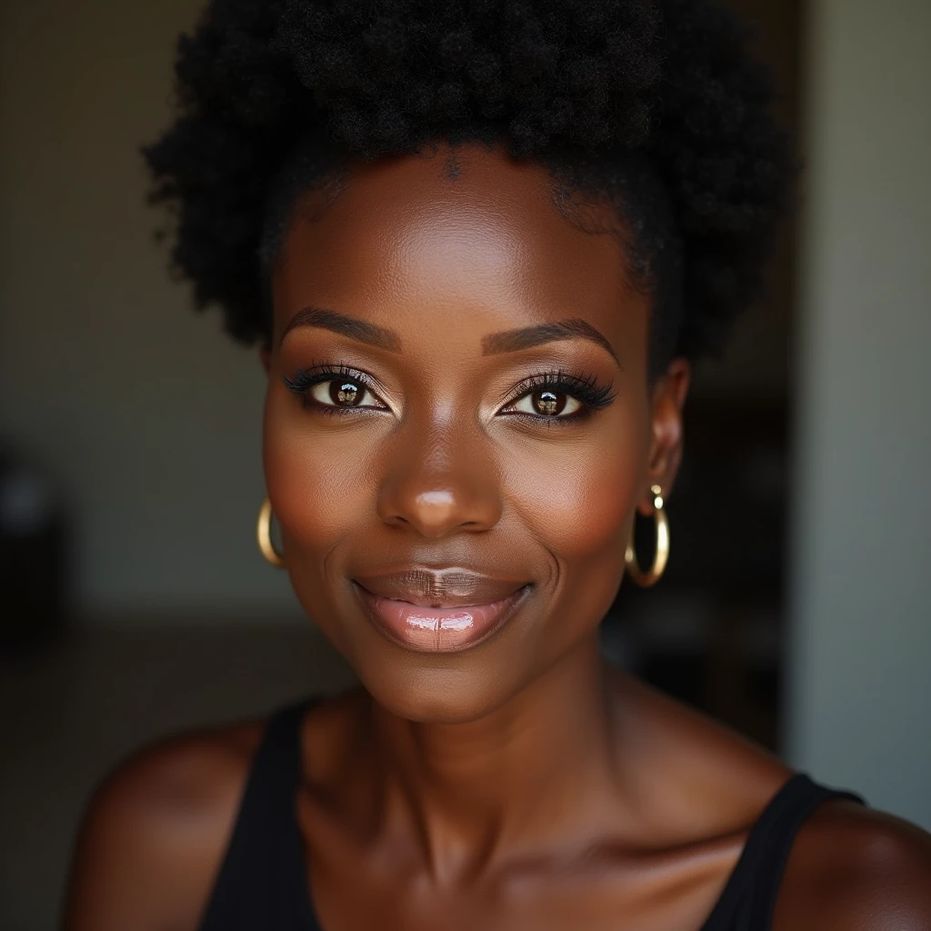 Beautiful mature woman 60 years old, American woman, Black skin color, looks into the frame