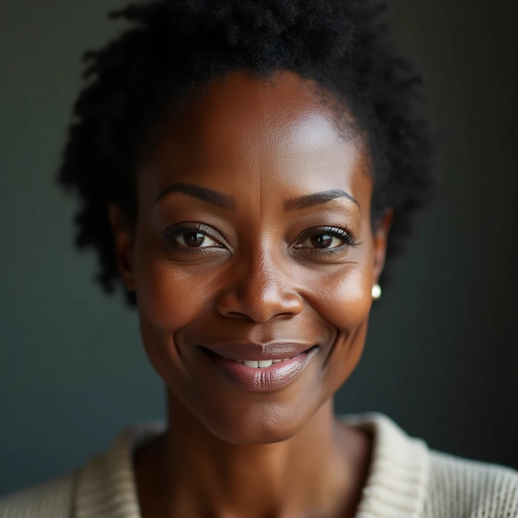 Beautiful mature woman 60 years old, American woman, Black skin color, looks into the frame
