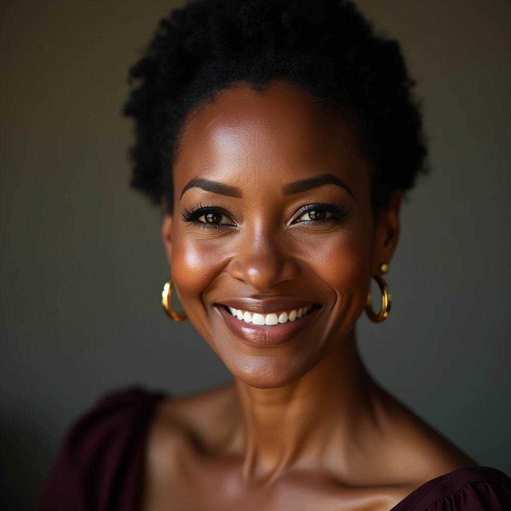 Beautiful mature woman 60 years old, American woman, Black skin color, looks into the frame