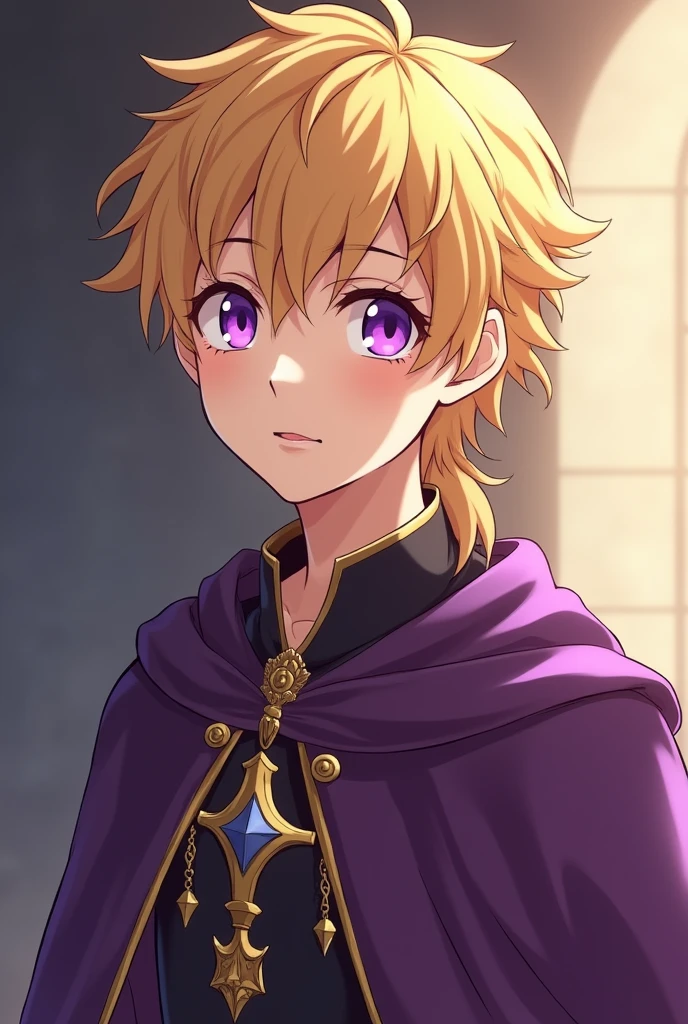 Boy with blonde hair and purple eyes in anime style with medieval clothes, let your whole body be seen
