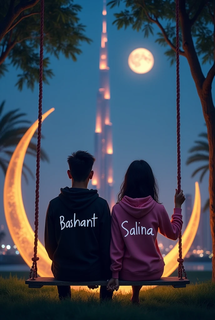 there are 20 Year old nepali couple sitting in sky inof front on a swing in front of Dubai burz khalifa the beautiful greenery view, wearing a black and pink hoodie,boy with name BASHANT, write on it,girl with name SALINA, write on it ,lovely couple, sitting on a moon,holding hands in the moonlight realistic detail photo, front face side view