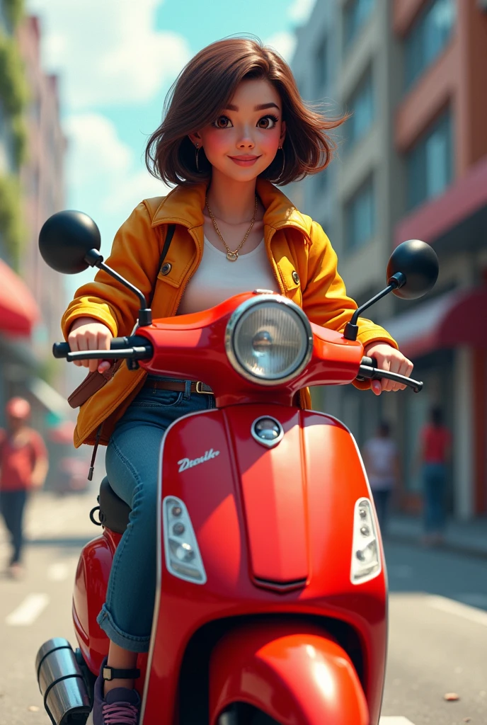Popular girl called "dalith Santiago" short hair, medium short, chubby ,Brunette on a red scooter