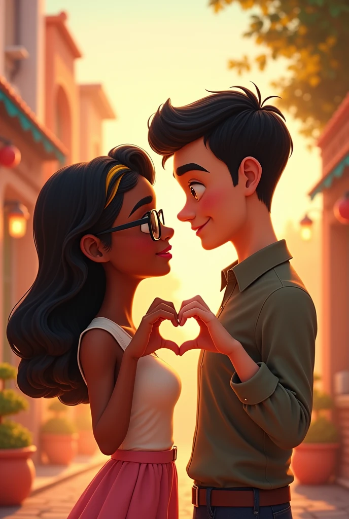 A Pixar-like couple, that the girl has black square glasses, be dark-skinned, have full lips and a mole on the left cheek, slanted eyes cabello negro con mechones rubios, and the boy is white, profiled nose, short hair, slanted eyes, Thin and pink lips, bushy eyebrows, drawing a heart with his hands