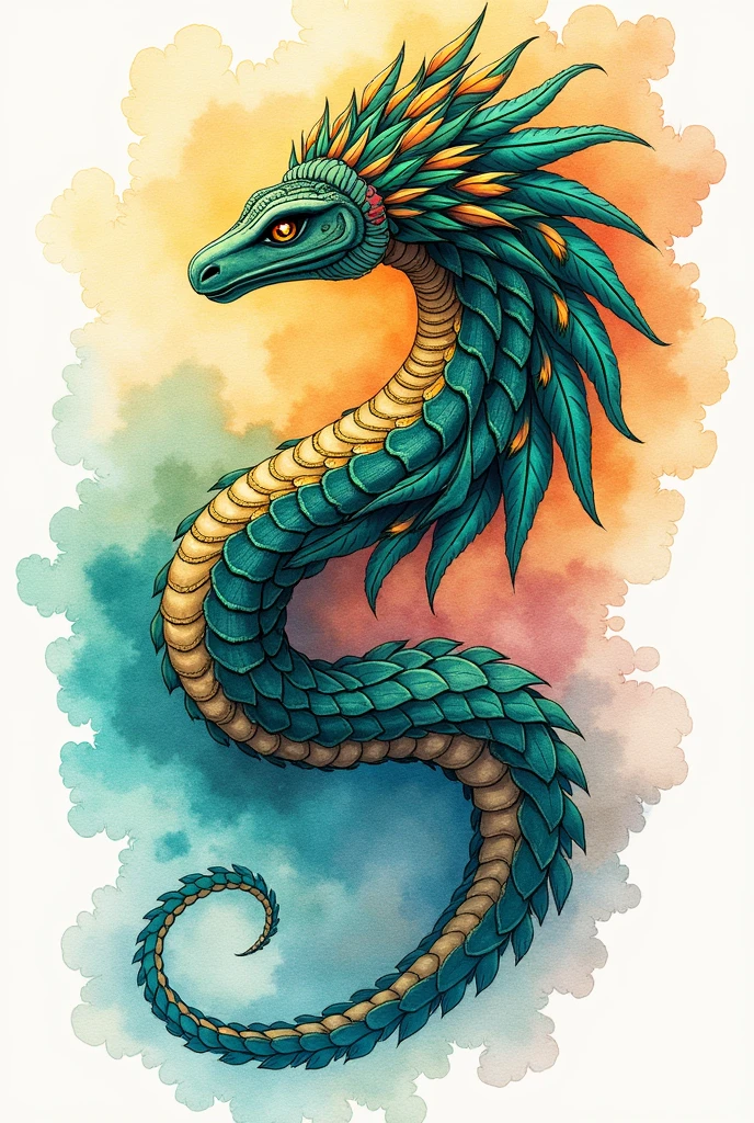 A watercolor tattoo design of the god Quetzalcoatl