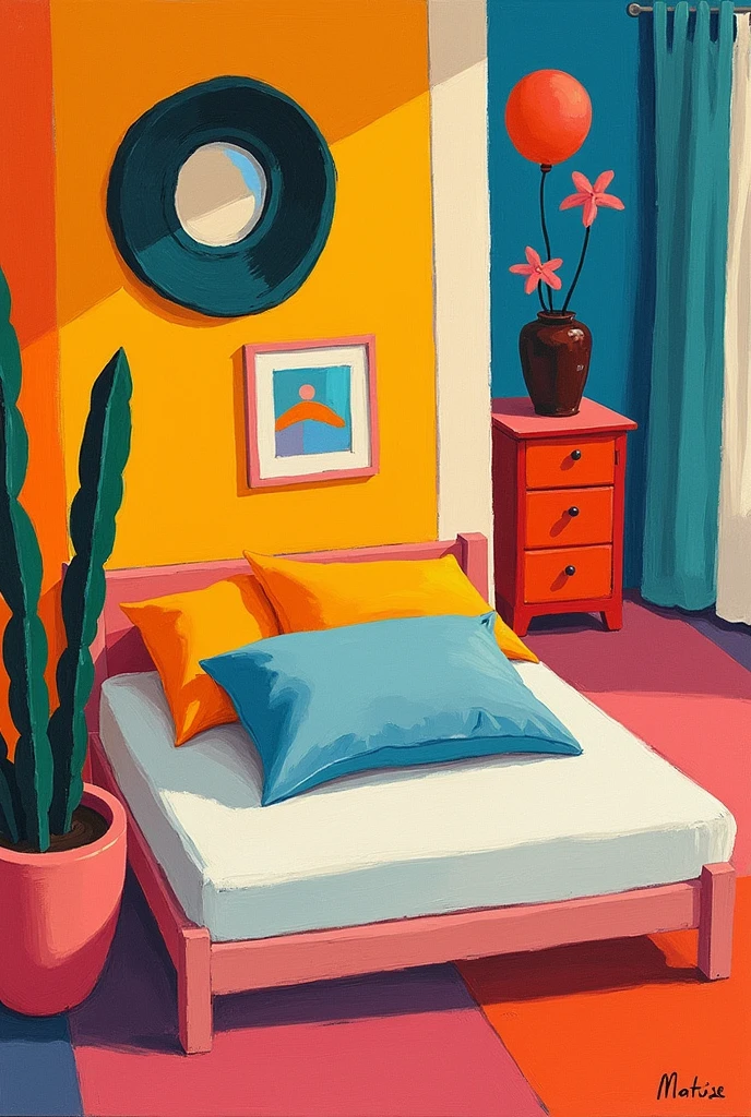 Retro bedroom poster, by Matisse, fine brushstrokes, candy colors, surrealism,