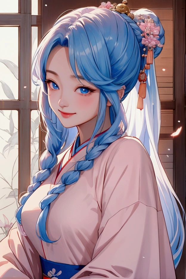 (Highest quality、 8k 、masterpiece、High resolution)、(Chinese Drama、Changgexing、Li Changge、Dililaba)、Tang Dynasty、Changan、1 Female、Beautiful young person、blue eyes、Pretty lips、(Anime Beauty)、(Anime Art)、Smiling and posing happily、Bright atmosphere、Light colored long hair、Light pink Hanfu、古いChanganの街並み、Official Art、Detailed CG、