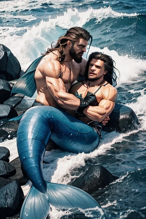 Two muscle male mermaid, gay couple, wrestling, merman, muscles, two male bodybuilders, blue mermaid tails, black long beard, black long hair, laying on rock, lie, water, high water wave, water twister, rocks, wallpaper 