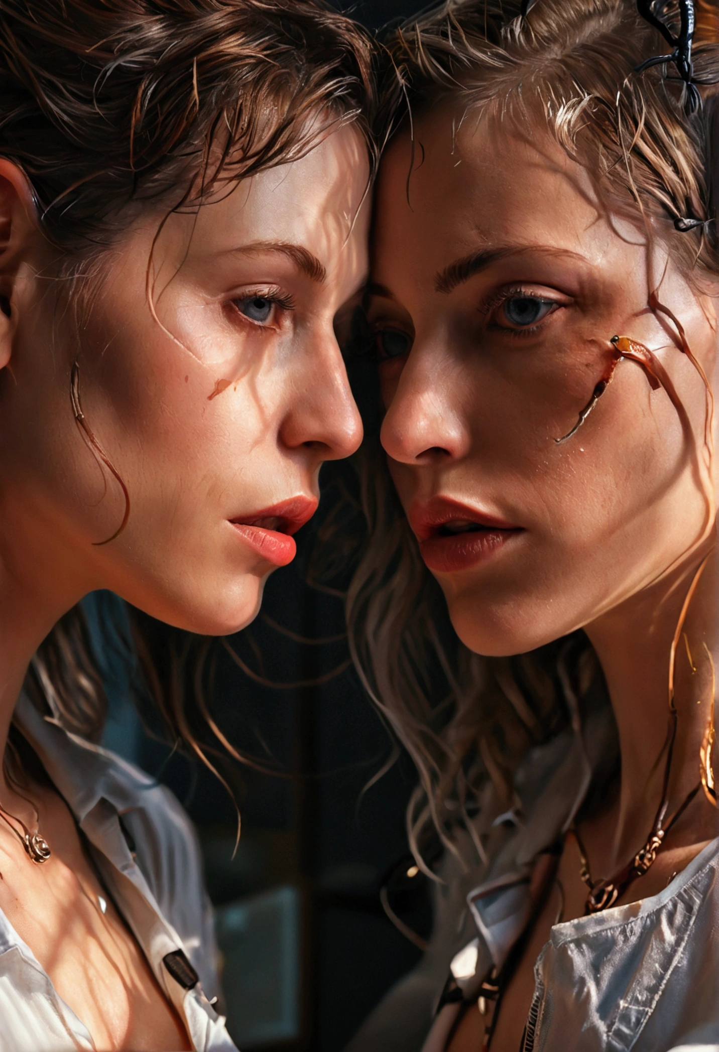 A lesbian couple, 30 years old, explicit, detailed anatomy, sexy atmosphere, vulva, labia, vaginal, schlick,cunnilingus:2, high contrast, photorealistic, hyper detailed, cinematic lighting, dramatic shadows, vibrant colors, sensual, intimate, erotic, masterpiece, 8k, hyperrealistic