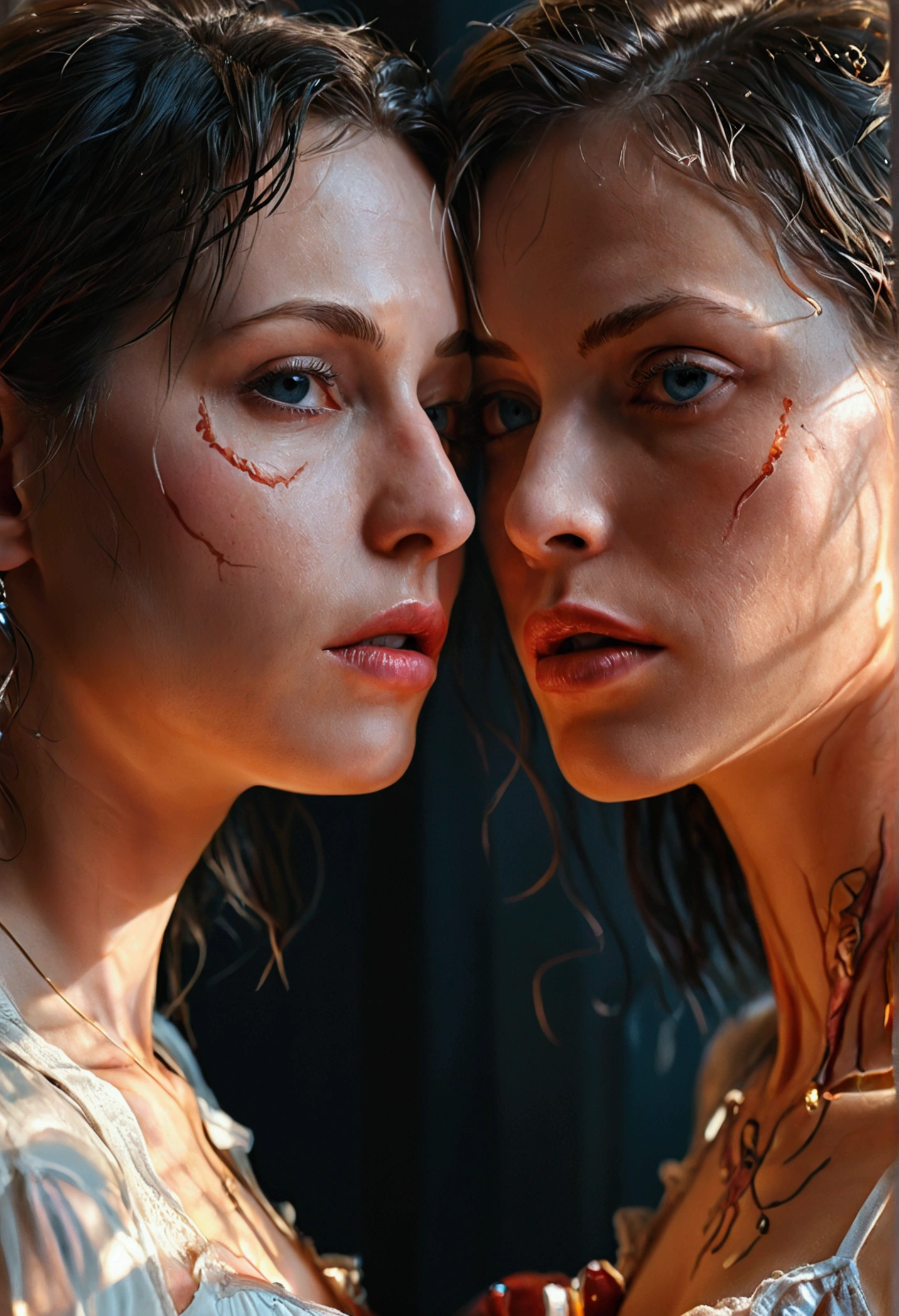 A lesbian couple, 30 years old, explicit, detailed anatomy, sexy atmosphere, vulva, labia, vaginal, schlick,cunnilingus:2, high contrast, photorealistic, hyper detailed, cinematic lighting, dramatic shadows, vibrant colors, sensual, intimate, erotic, masterpiece, 8k, hyperrealistic