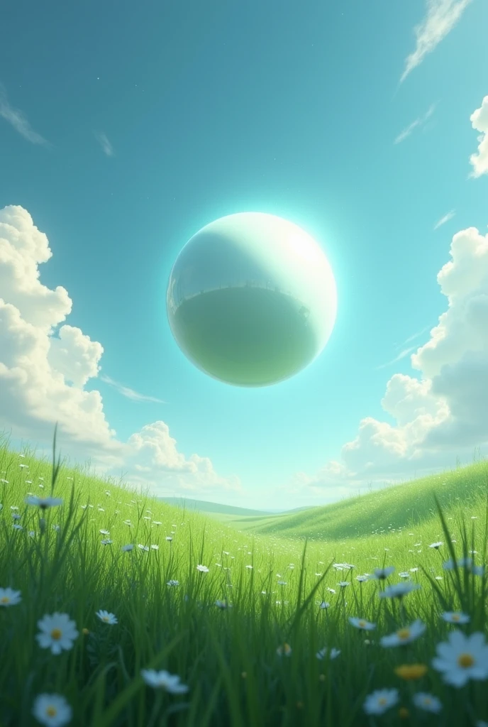 A white sphere floating in the air. I'll build it on the grassland and take it higher.