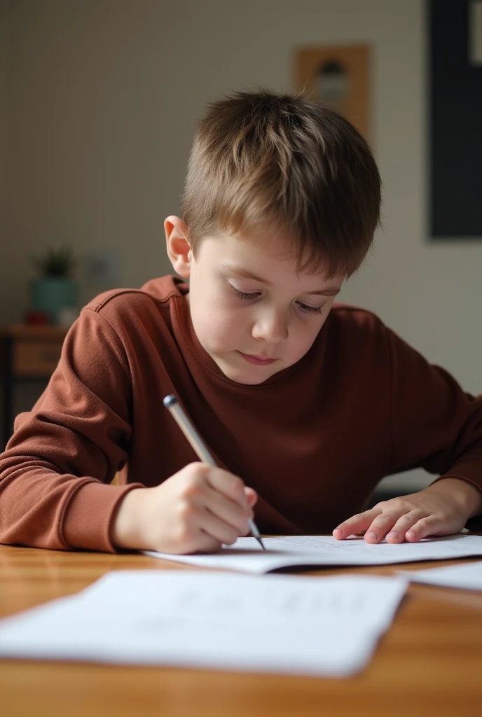 The ager boy writing something on the table on his paper.