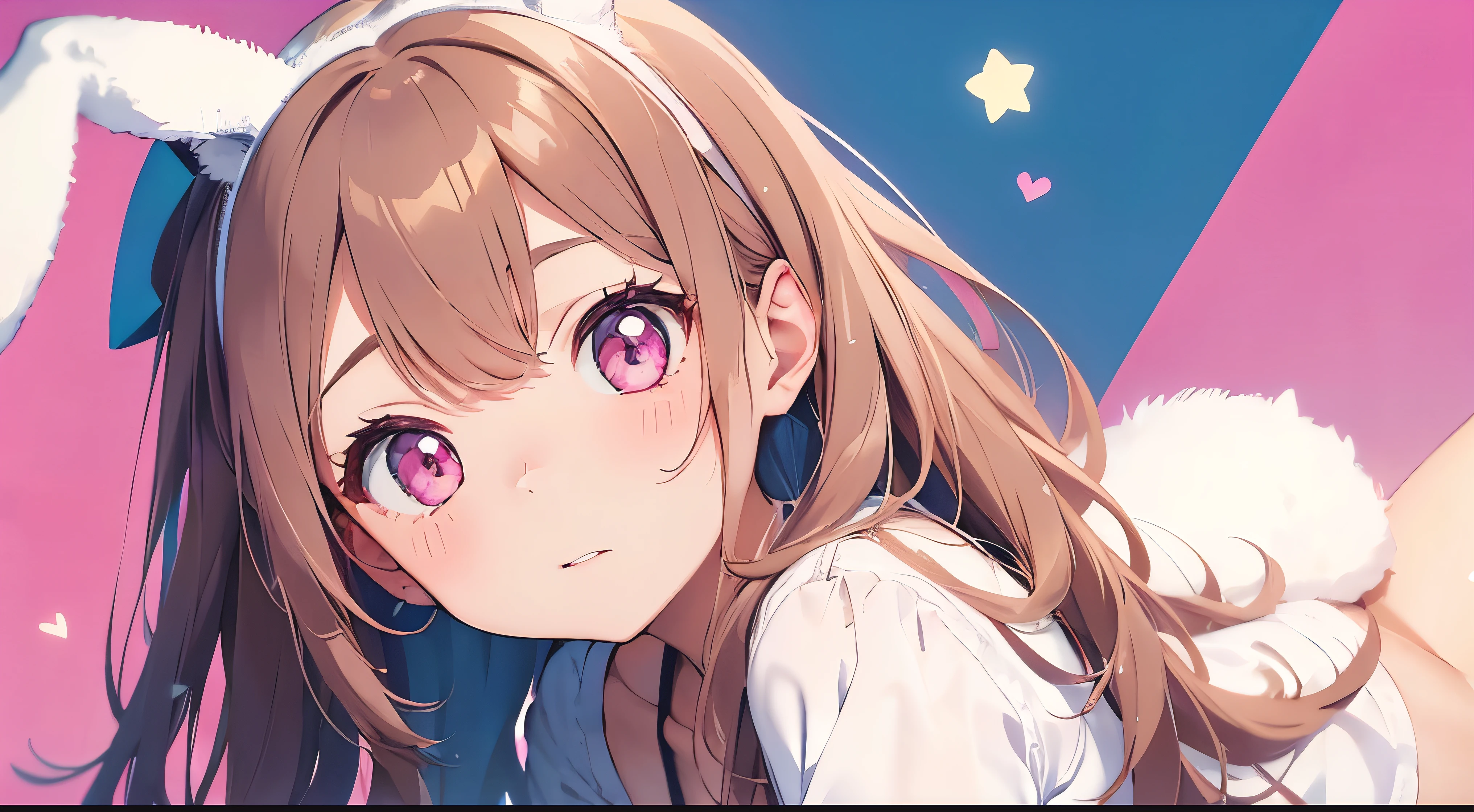 Highest quality, pretty girl, pastel colour, Fluffy bunny ears, Brown Hair,Pink eyes,Background is solid color,pop、colorful,wallpaper