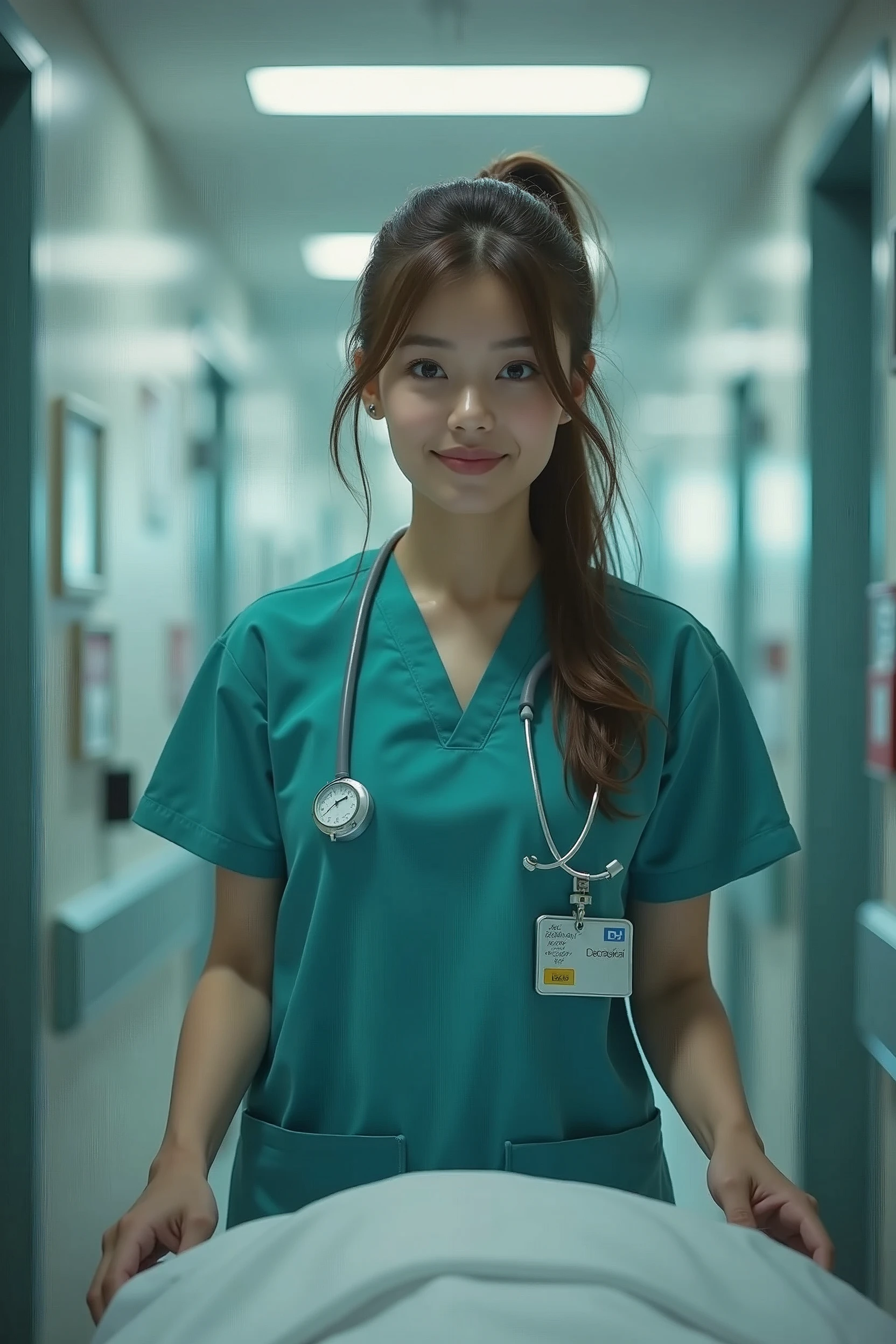 (best quality, 8k, masterpiece), (26-year-old nurse:1.3), (scrubs:1.3), brown hair, ponytail, (pushing stretcher:1.3), (surgical room entrance:1.2), focused expression, (hospital lighting:1.1)