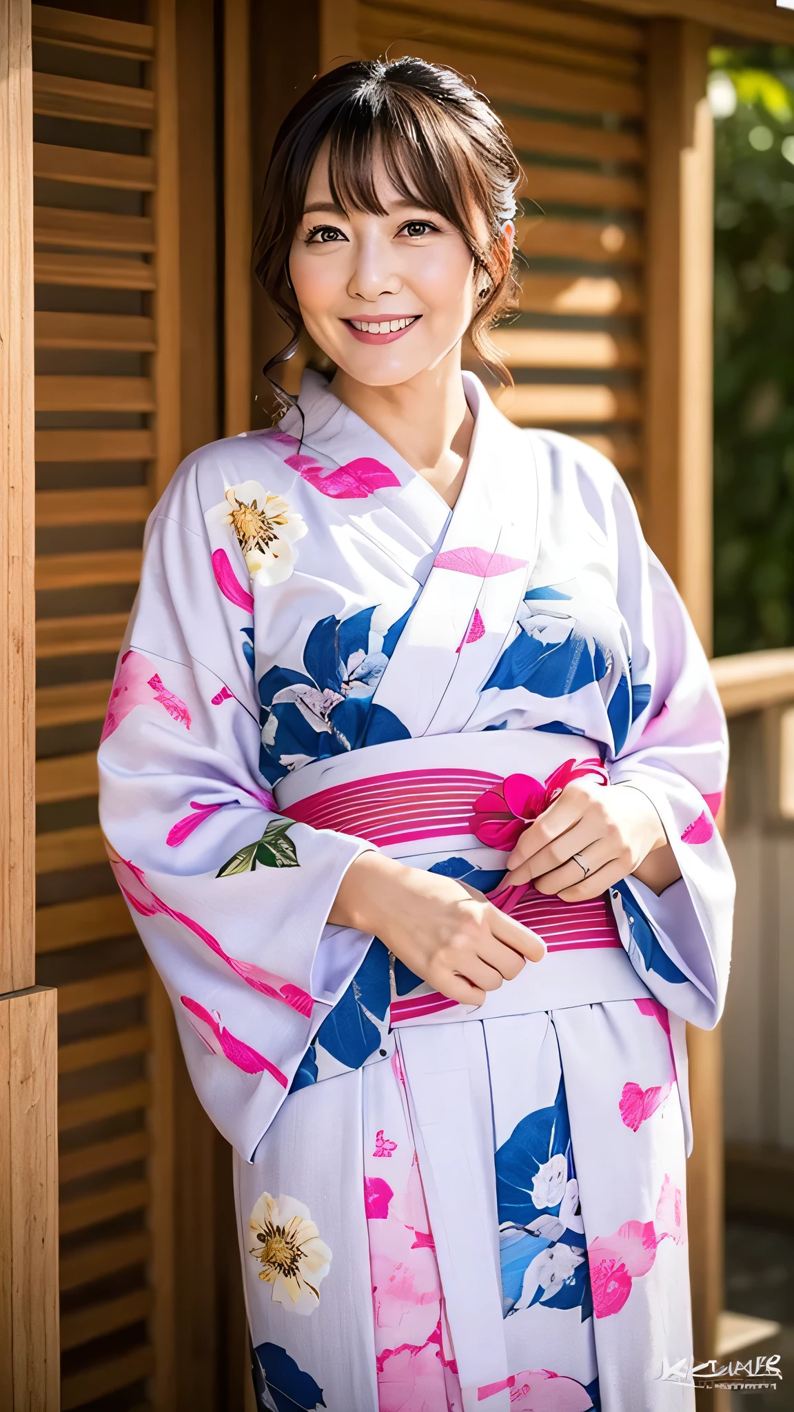 a mature beautiful Japanese woman, shy, smile, chubby, (wearing pink flower pattern common Japanese Yukata without wrinkles:1.25), with Not twisted obi, portrait, masterpiece, best quality, High resolution, plum lips), tie dark brown hair, 8k, traditional Japanese house outside,