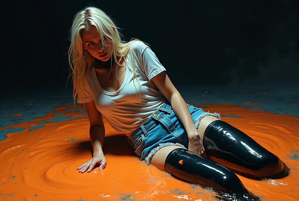 conceptual art, drowning, dripping wet, drama, indulges in fetish, rubber black stockings, vintage jeans cut-offs, wet t-shirt, slave collar, stuck in slime, orange blue, black, void