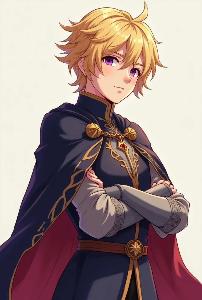 Boy with blonde hair and purple eyes in anime style with medieval clothes, let your whole body be seen