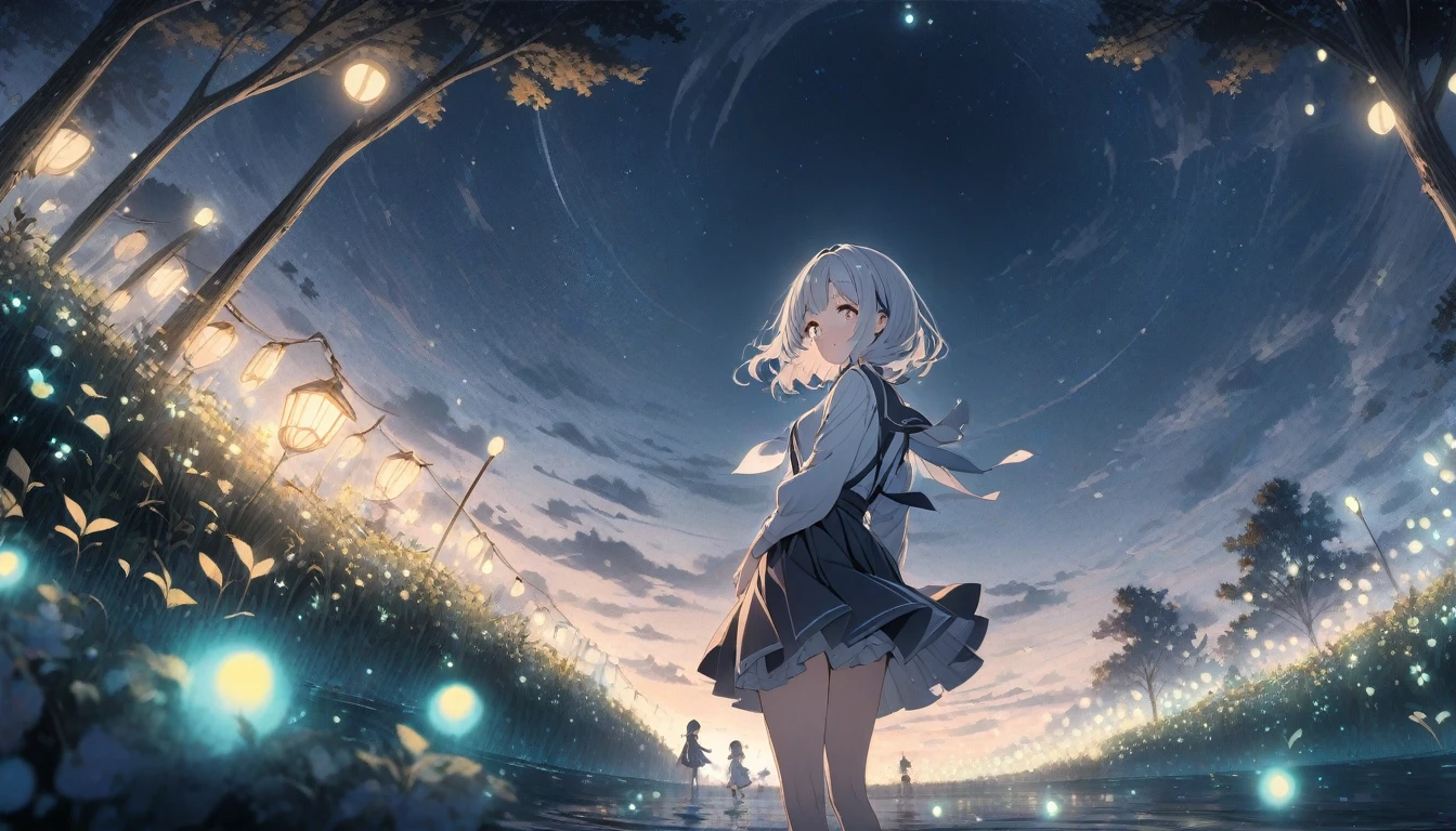 ((style:Colored pencil,pale colour)),(anime)、(masterpiece:1.2),Atmospheric perspective,Lens flare,One Girl, Firefly Garden, Many small lights and fireflies are flying around