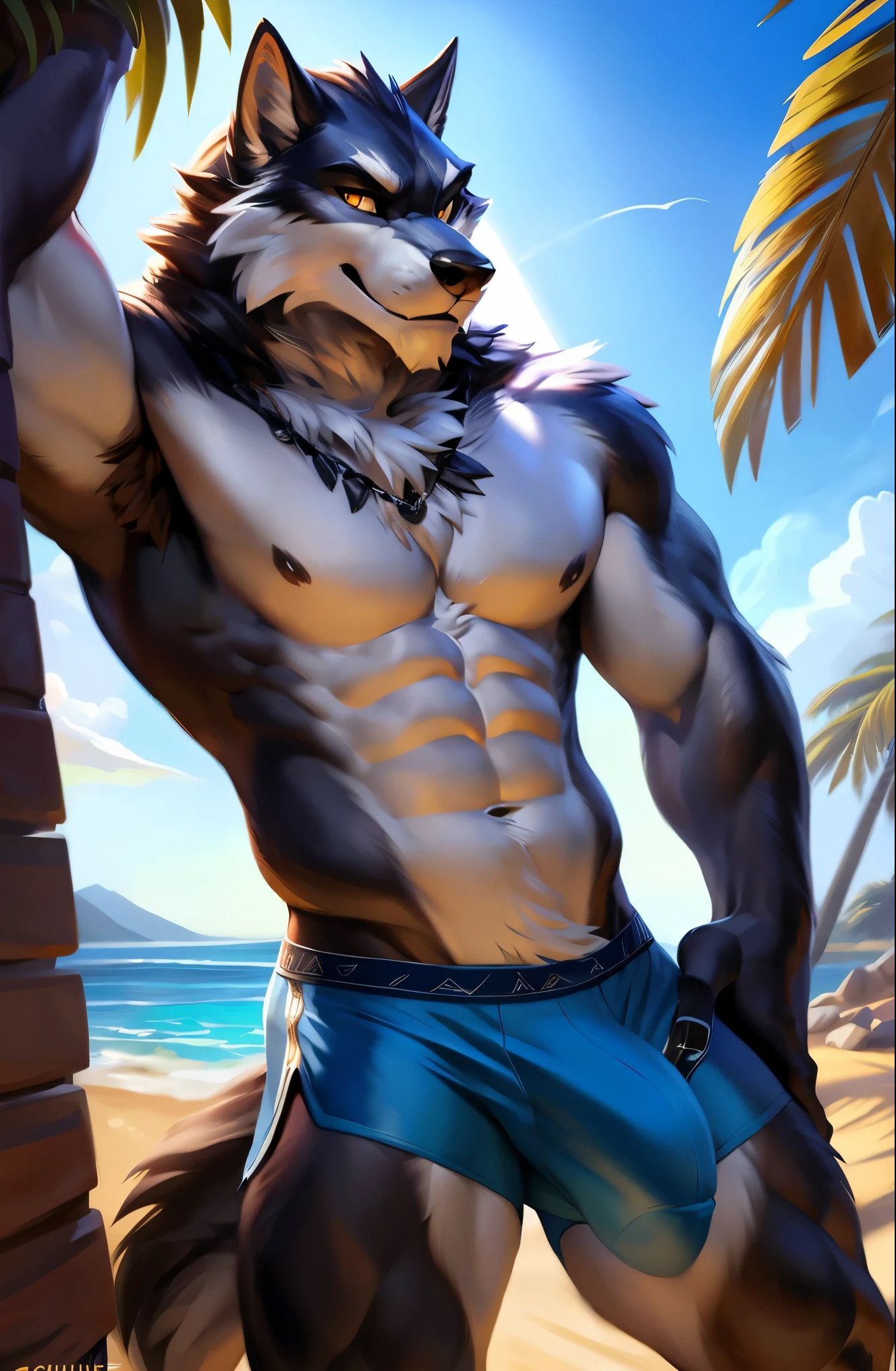 4K, A high resolution, best qualityer, tmasterpiece, perfect colors, perfect shadow, perfect lighting, posted on e621, (by chunie, por Pixelsketcher), Shaggy, Giza, furry art, ((portraite)), Male werewolves, Gray werewolf, (two tone skin), hairy bodies, yellow eyes, (Eyes seductive:1.2), Body assembled, perfect male body, ((Wear swim shorts)), (topless), of a shirtless, visible abs, ((gazing at viewer)), male genitalia, (genitalia overfloenitalia erection)), (detailed fur), (face detailed), perfectly proportions, at beach, (As arquibancadas), detailedbackground, sand beach, Beachside, lighting sun, cozy envirnment, tropical island, ((Bonifasko lighting)), wolf tail, (detailedeyes), perfect pupils, (medium bulge)