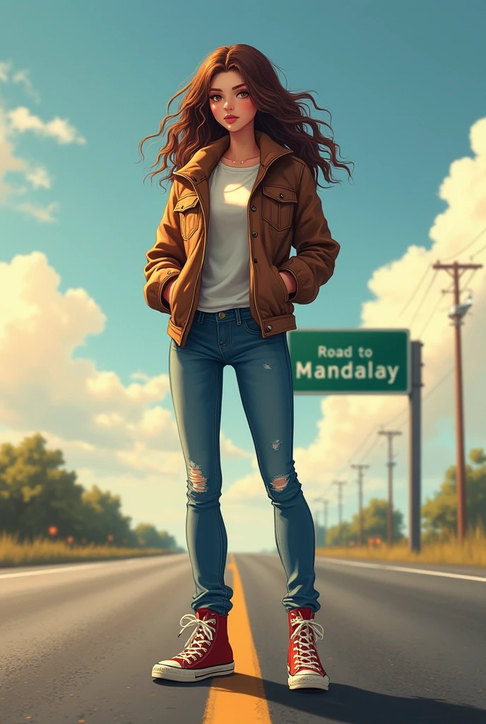 masterpiece, best quality, ultra detailed, 1 girl, brown hair, jacket, jean pants and converse boots, high way road, there is a sign board that says " Road to Mandalay ", sunny day