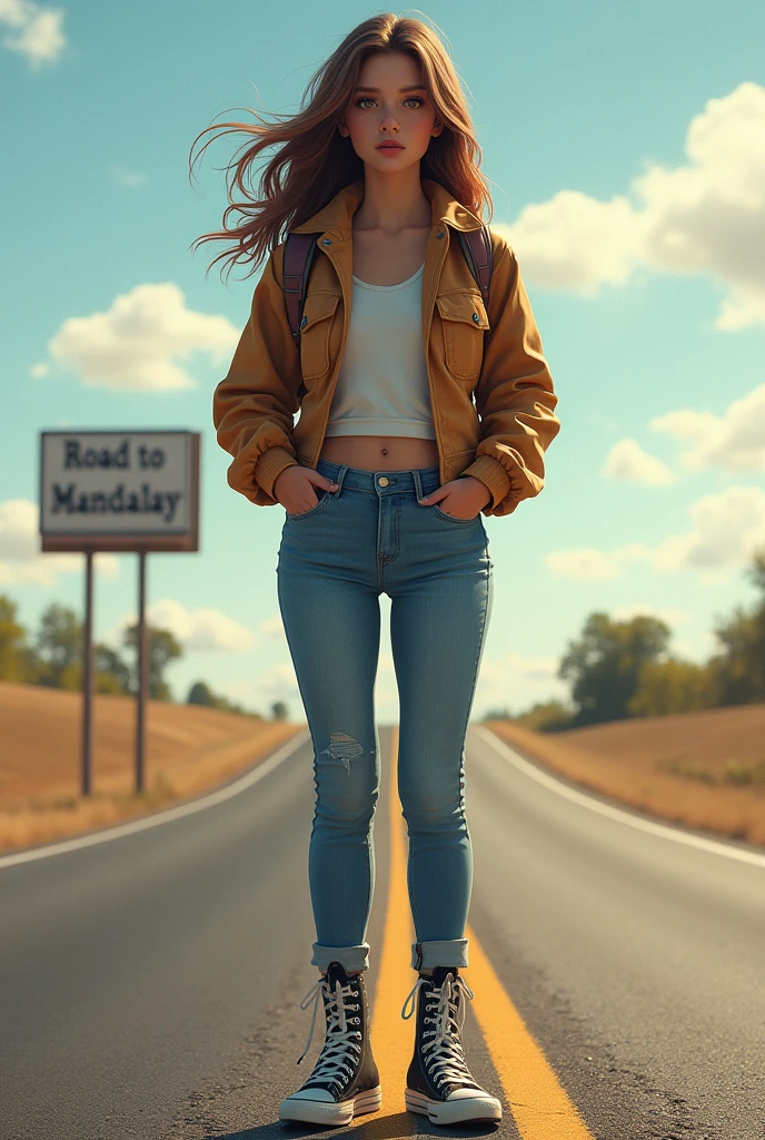 masterpiece, best quality, ultra detailed, 1 girl, brown hair, jacket, jean pants and converse boots, high way road, there is a sign board that says " Road to Mandalay ", sunny day