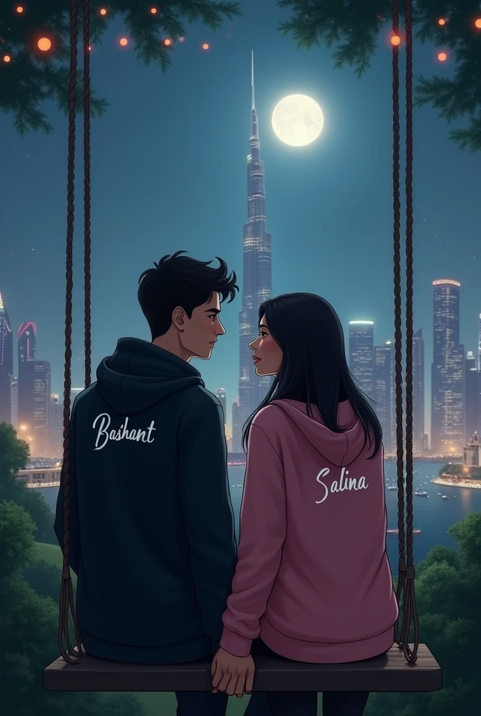 there are 20 Year old nepali couple sitting  in sky inof front on a swing in front of Dubai burz khalifa the beautiful greenery view, wearing a black and pink hoodie,boy with name BASHANT, write on it,girl with name SALINA, write on it ,lovely couple, sitting on a moon,holding hands in the moonlight realistic detail photo, front face side view 
