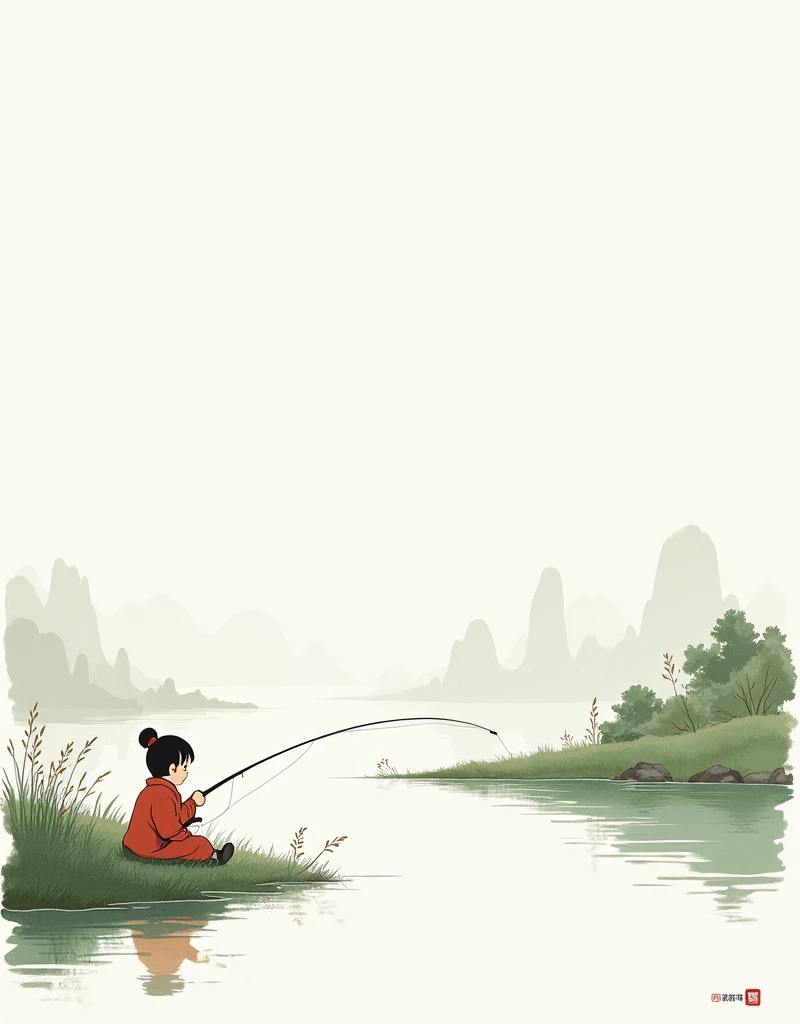 Ink portrait,National scenery,New Gongbi,Song Huizong,Large area of white space,The person in the picture is in the middle right,A triangle shape,A cute ancient Q version of a five-year-old child,Sitting in the grass by the river fishing